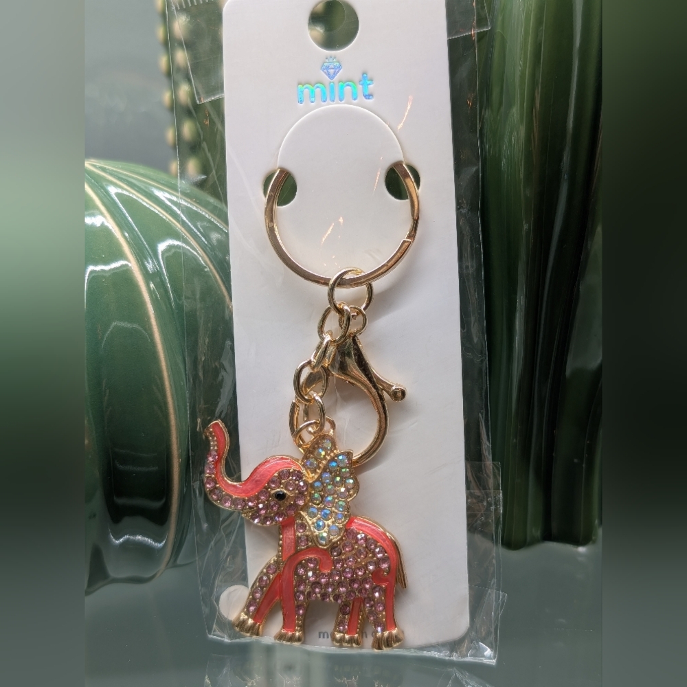 Gold Elephant Keychain/Bagcharm W/Coral Rhinestones And Accents